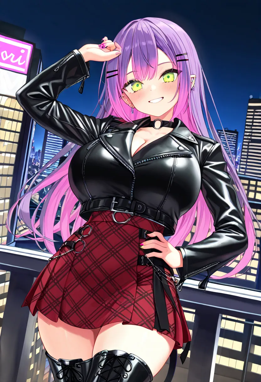 (Best Quality , 8k , masterpiece , incredibly absurdres , perfect body , super detailed skin , highly detailed eyes and face , 1 woman ) , tokoyami towa , purple Hair , Green eyes , smile ,  will be happy , ( Edgy leather jacket , thigh-high boots ,Chic su...