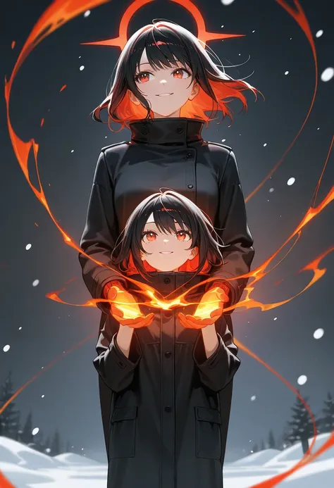 An anime woman stands in a snowy empty town.  She wears a cool long black coat and has very beautiful red eyes. afterglow  trail. beautiful black hair with red inner color, and the melted ground turned into lava and splattered around, glowing extremely bri...