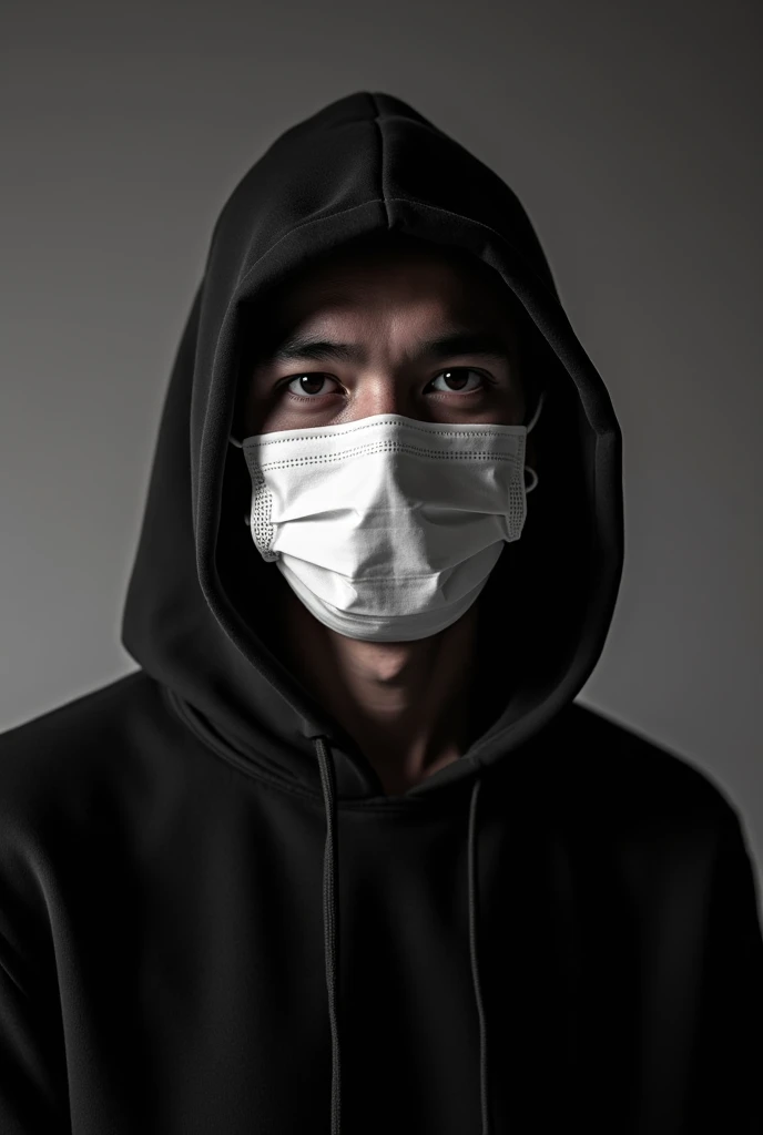  Man wearing a black hodie, wearing a mask , Side portrait , original photo, Indonesian real , real photo. 