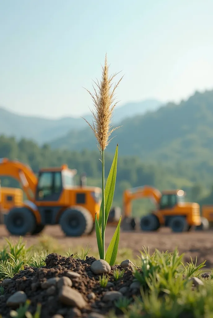 Create a realistic picture where XCMG construction equipment is standing, a spikelet is growing, and it is swaying in the wind