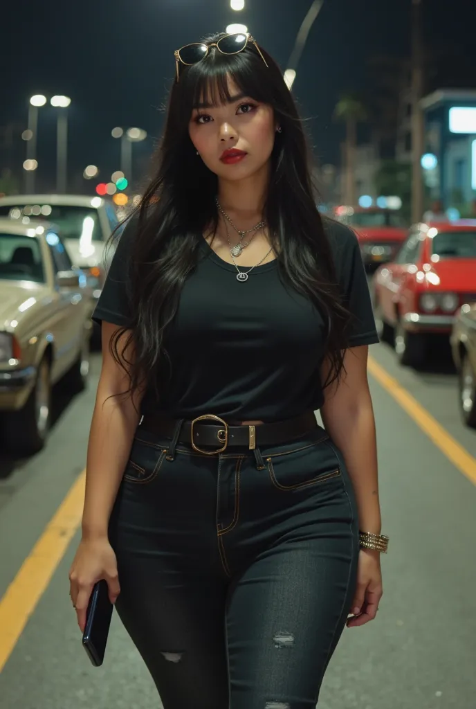 (photorealism:1.2), large 35-year-old Japanese woman(curvy body and big breasts)  with long black hair,  soft makeup , red lips, wearing tight black t-shirts with( covered body ) and rapper jeans, red lips, sunglasses on the head, necklaces, I see ,  mobil...