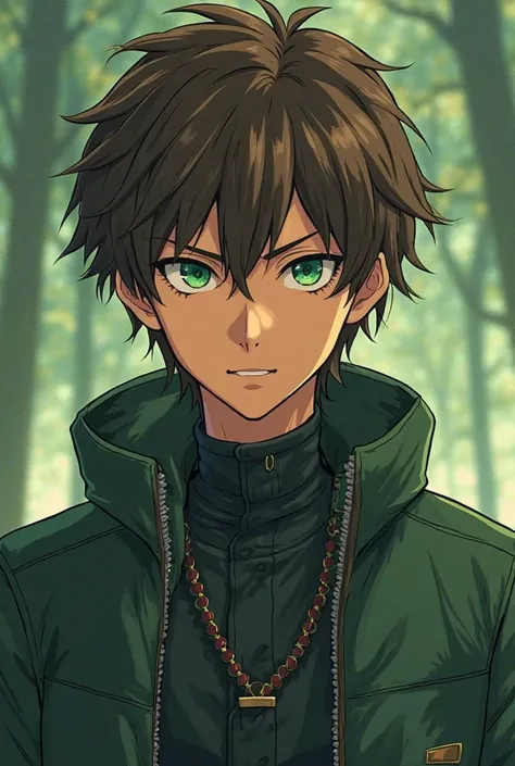 anime style poster. 

An attractive young man with dark green eyes, with hair, with brown hair and a dark green gradient, Cinnamon-tone skin, WITH CLOTHES AND ACCESSORIES THAT DISTINGUISH HIM AS A BEING OF NATURE, very attractive,  Make it look serious ,  ...