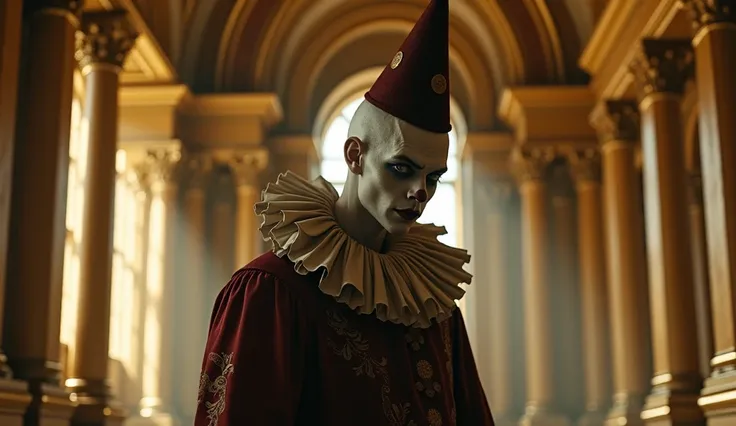 The clown's face is like a hairless joker wearing a three-pointed clown hat. The sad red, alone, medieval Christianity, is in the golden palace in the morning.