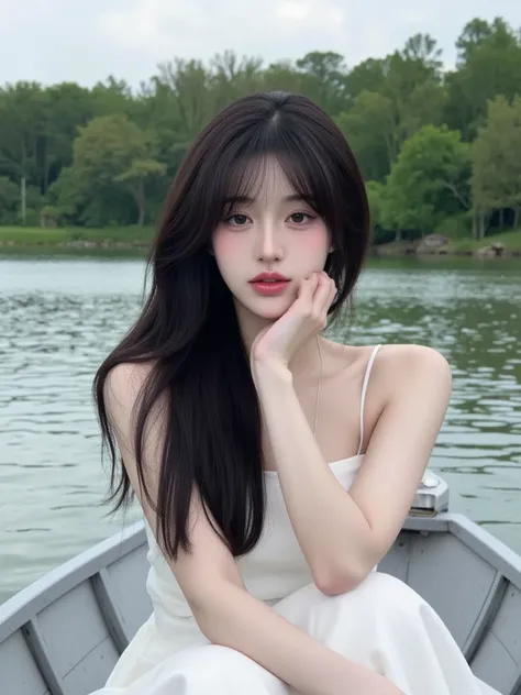 A kpop girl, korean, mid black hair, stunning, unique visual, looks like Jang Wonyoung, gorgeous,  Lucious hair, instagram selfie, cutey, trendy, in a boat 