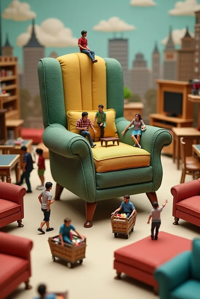 A magical furniture store where miniature people shop for giant sofas, beds, and tables. Some tiny figures are sitting on a chair that looks like a skyscraper, while others push small carts filled with furniture. The scene is colorful, playful, and full of...