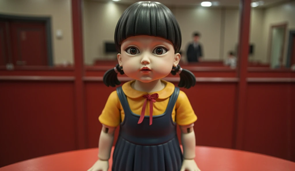 life-sized, Make a perfectly accurate replica of the squid game doll. doll was wearing a retro style, with a slightly spooky appearance. She is short, Straight black hair with a short bang hairstyle, The.. Her eyes are big, round, and glossy black, Lifeles...