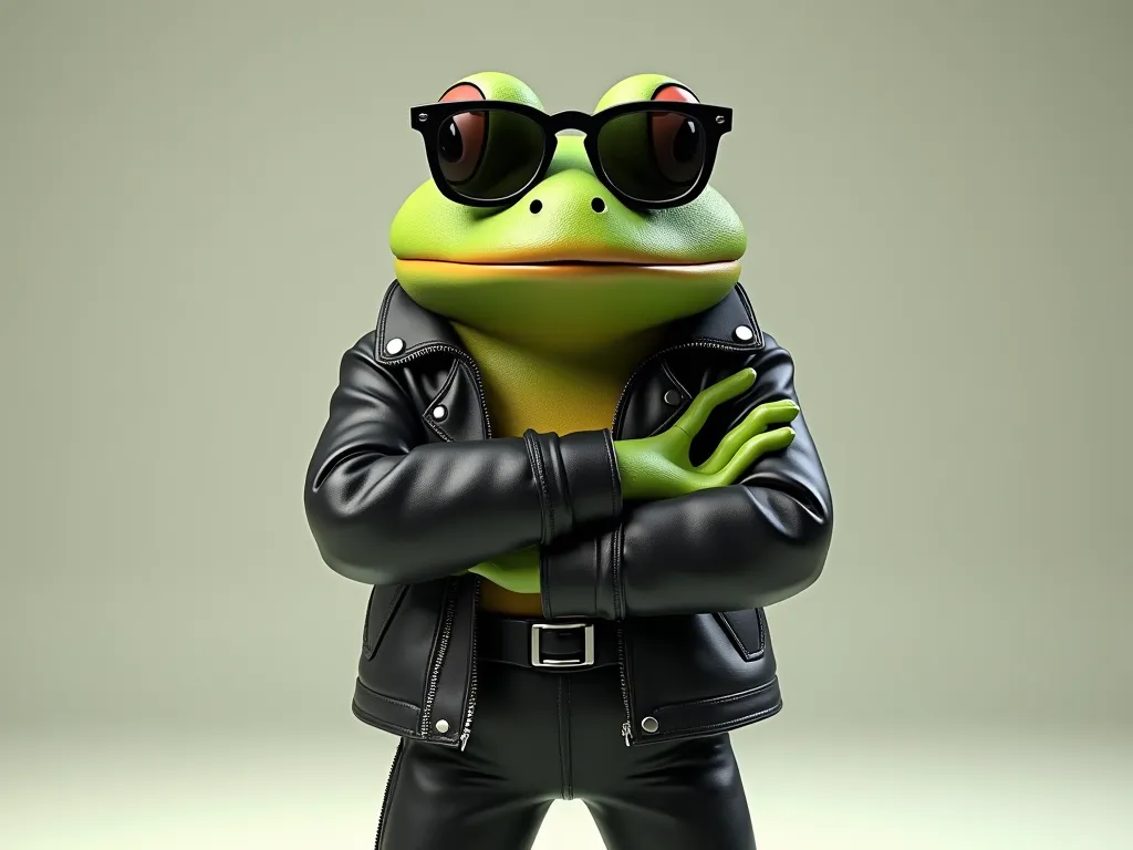 Please create a frog meme (Pepe) wearing leather clothes and black glasses.
He has his arms crossed.
The final image should look like a 3D rendering.