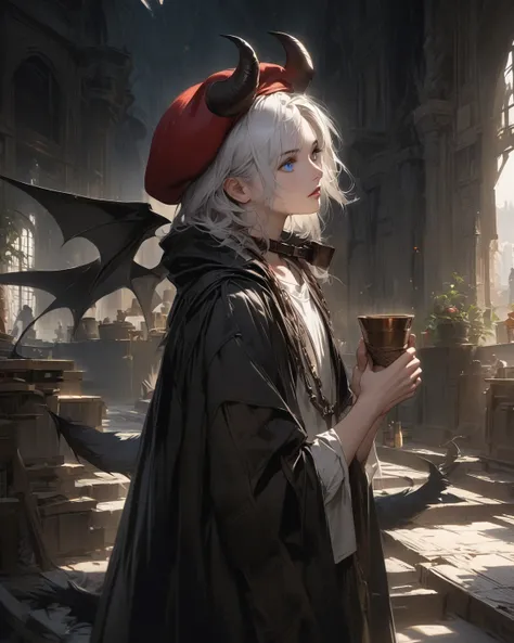 1 boy, white shirt, black coat, white hair, red beret, Demon Wings, bright blue eyes, cups, boots,  horn on the head, tail,  crucifix on the neck  