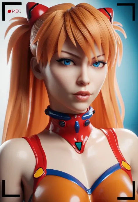 "Ultra-photorealistic 3D close-up of Asuka Langley Soryu from Neon Genesis Evangelion, tightly framed from collarbone upwards in a classic portrait composition. Camera positioned at eye level with a subtle Dutch angle for dramatic intensity. Hyper-detailed...