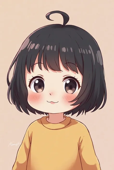 anime chubby girl, gradient black bob hair no hair forehead bangs 