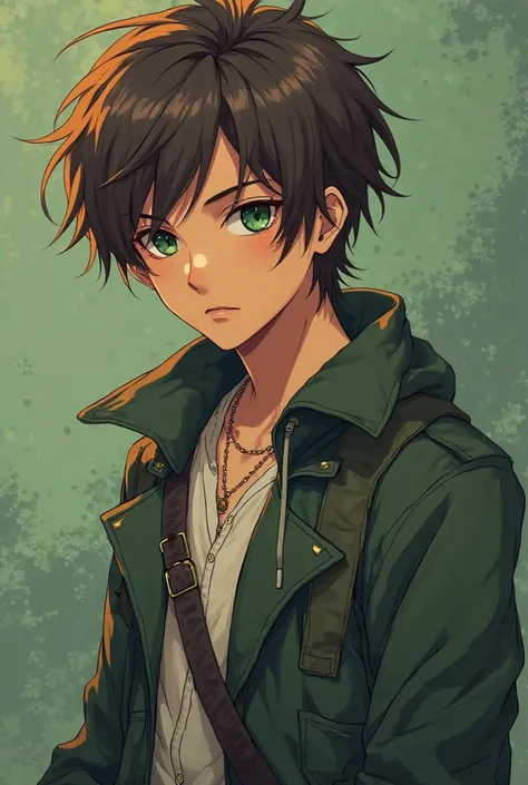 anime style poster. 

An attractive young man with dark green eyes, with hair, with brown hair with dark green, Cinnamon-tone skin, WITH CLOTHES AND ACCESSORIES THAT DISTINGUISH HIM AS A BEING OF NATURE, very attractive,  Make it look serious ,  dominant 