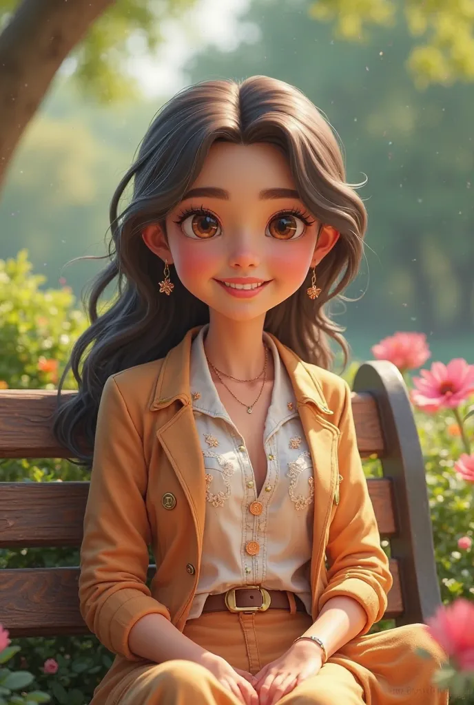 A beautiful girl wearing attractive clothes sitting on a bench in the park, her figure is smiley and generate 3D cartoon style image