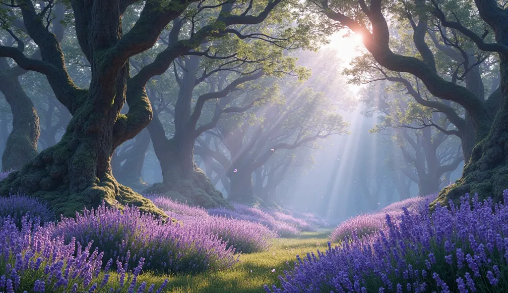 a space in the middle of a mystical forest, Lavender, 1200 x 480

