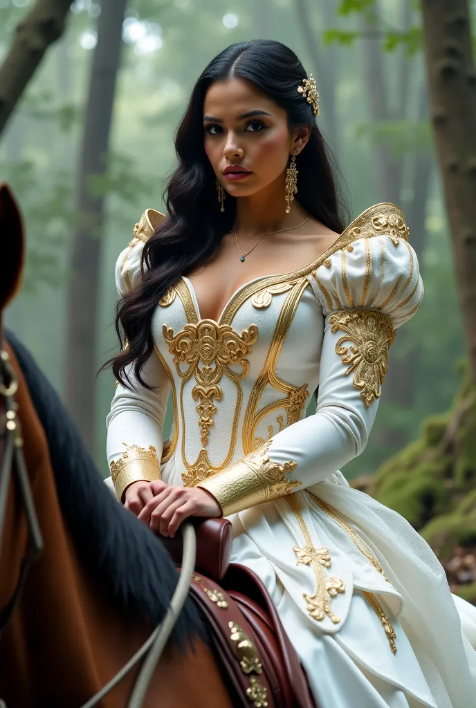 The image features a striking petite latina curvy body figure woman riding a horse in a mystical forest setting. She wears an elaborate, intricately designed gown that is predominantly white with gold accents, combining elegance with a hint of medieval arm...