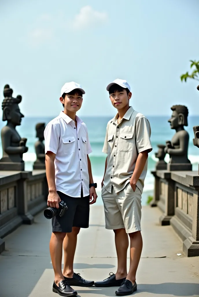 a couple aged 30, Korean face. Neat black hair. stand. Wearing a beach shirt, white baseball cap. Shorts, black shoes,  camera in his hand, Steal attention with the backdrop of the panoramic Balinese beach and Balinese statues.. The wide angle perspective ...