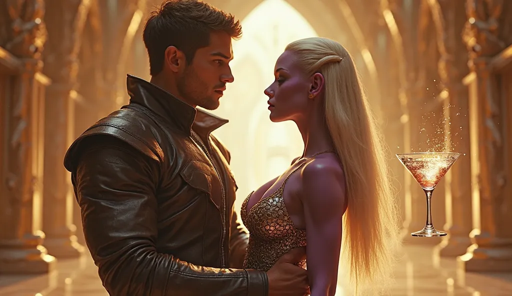 "A futuristic royal ballroom bathed in golden light, with tall arched ceilings and intricate architectural details. In the center, a strong, determined human male with short brown hair and a leather-textured armored jacket holds a striking alien woman in h...