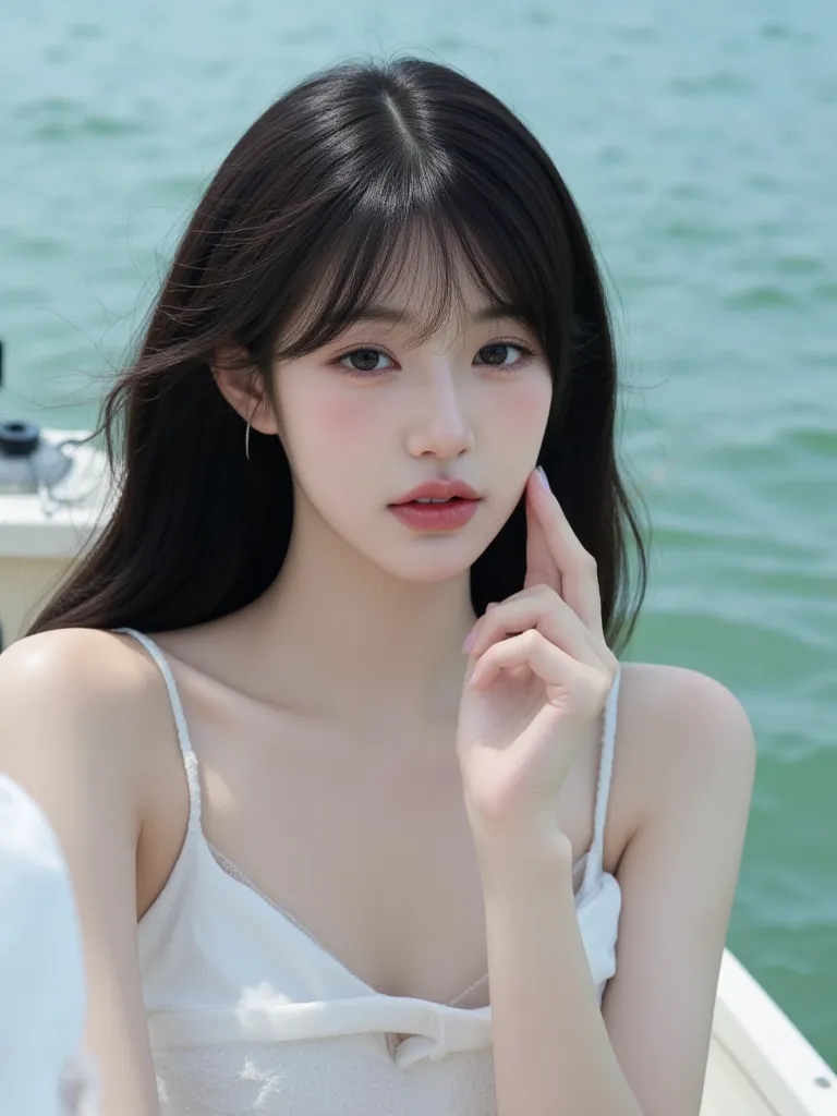 A kpop girl, korean, mid black hair, stunning, unique visual, looks like Jang Wonyoung, gorgeous,  Lucious hair, instagram selfie, cutey, trendy, in a boat, pre-occupied, running her hands through the water, holding the camera as if a selfie