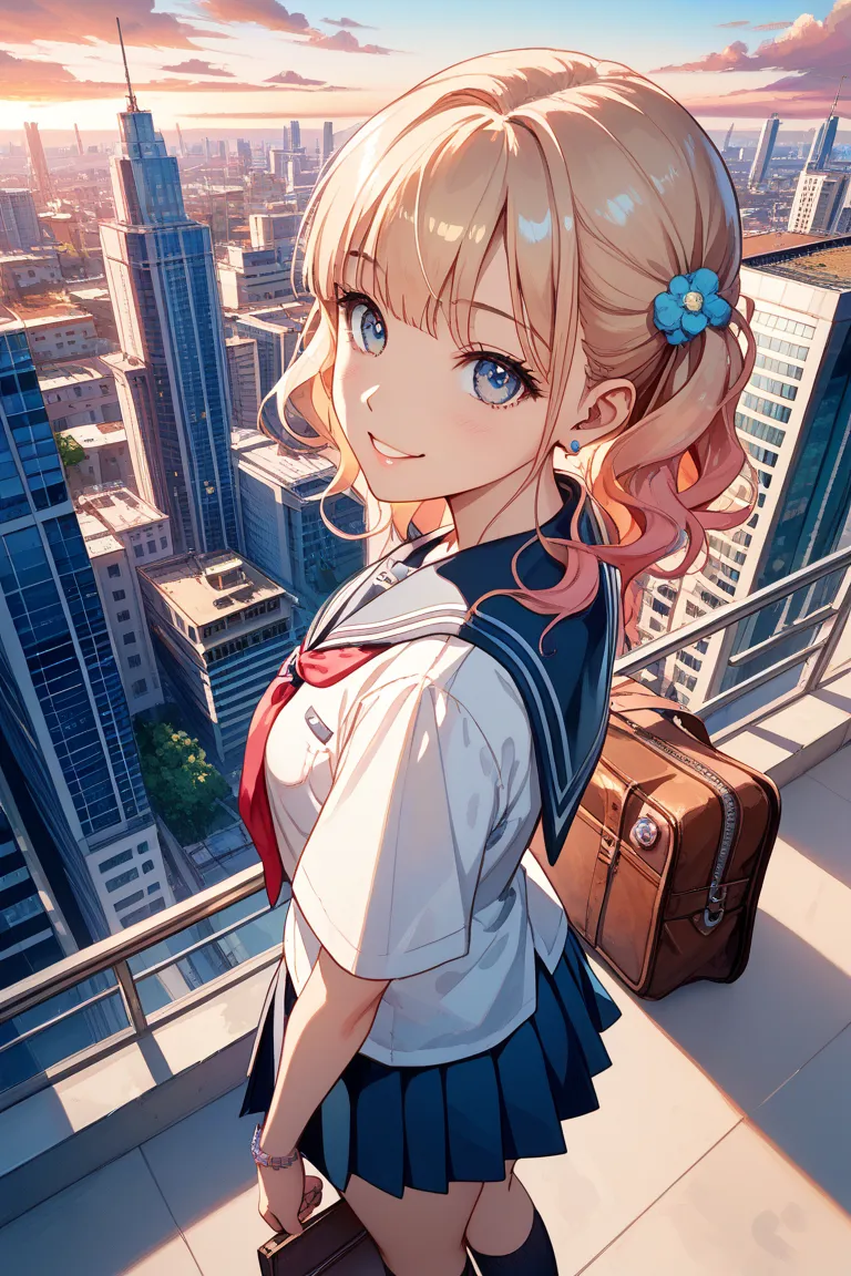 1girl,student,school_uniform,smile,watercolor (medium),pastel_color,dusk,city,full_shot,from_above,dynamic_angle,looking_at_viewer