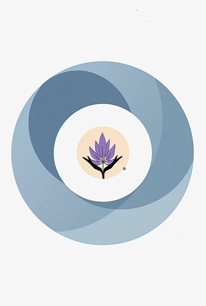 Institution logo, blue circle shape, another white circle inside the circle, in a small circle, beige palms hold a lilac flower .