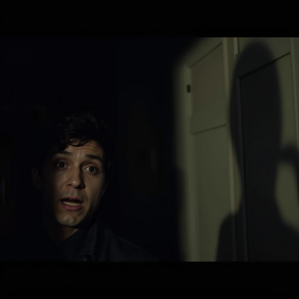 "A vague shadow is moving in the corner of the room, Ahmed has expressions of fear and surprise on his face."
