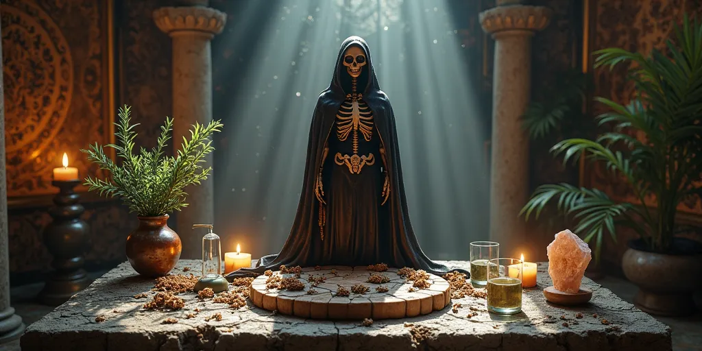 Witch altar with all the elements. Campaign, Incense, candle ,  glass of water , figure of the Holy Death, quartz, bouquet of rosemary. With an esoteric approach in a magical and spiritual environment