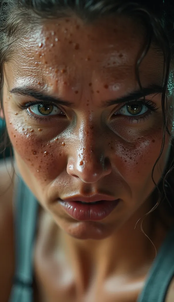 The sweat is noticeable but her face is determined.