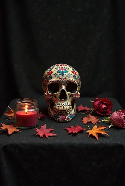 Generate a slightly colorful Mexican skull on a table with a long black tablecloth and an opaque black background, then wilted dead roses on the side and dried maple leaves, then a candle lit in a glass jar like a REALLY VERY REALISTIC vanity 