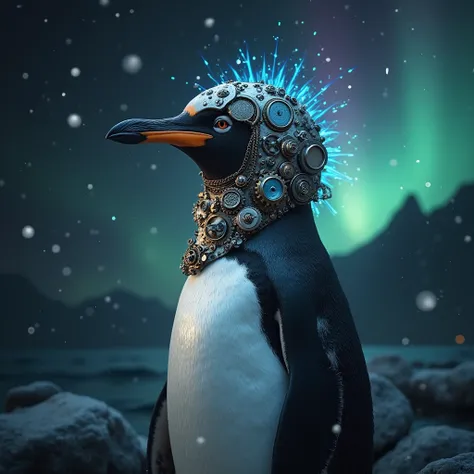 Portrait of a penguin with steampunk head armour with dark background, northern light in background, penguin has blue aura, 