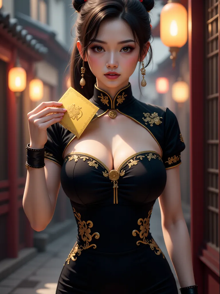 a yellow piece of paper about the size of a jujutsu bill in hand，Chinese clothes made of velvet material，1 girl, Hi-Res, high definition model,very big breasts，
black cheepao qipao black Chinese clothes ponytail Chinatown villain with a bad face, insidious...