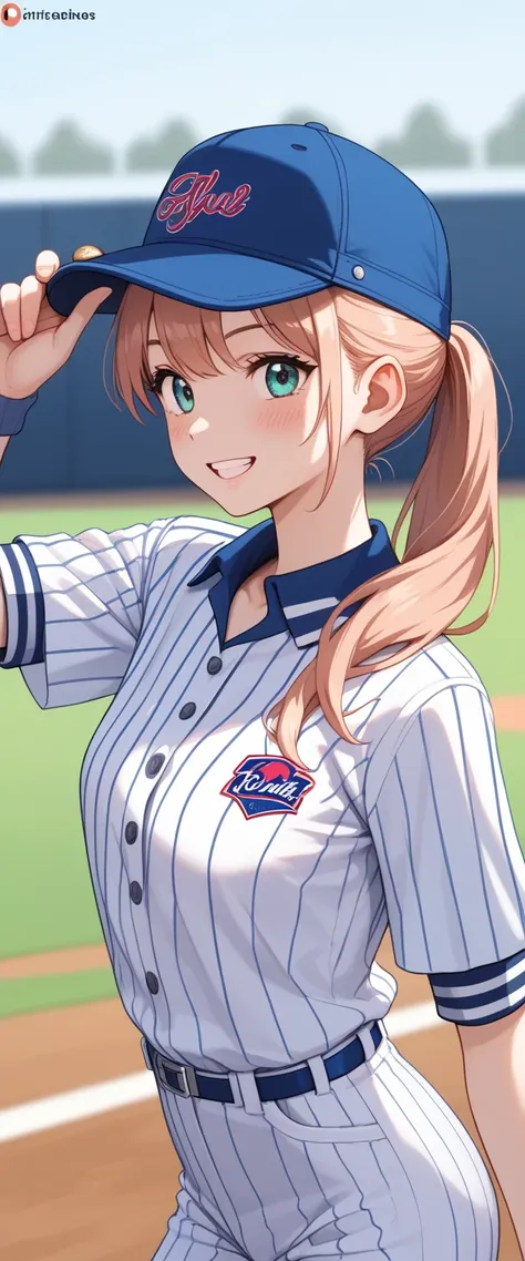 ((best quality)), ((masterpiece)), ( Details), A age girl wearing a SoftBank Hawks baseball uniform, featuring a light turquoise jersey with navy blue pinstripes and bold ‘SoftBank HAWKS’ text on the front. The jersey has sponsor patches, including a red ‘...