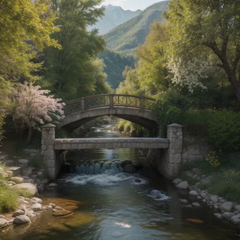 Photos of scenic mountain scenery, river, village nature bridge, without any man