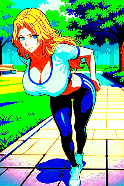 Rangiku Matsumoto, 1girl, solo, big breasts, cleavage, long hair, orange hair,Perfect eyes, gym clothes, outfit leggins tight and crop top pink,open neckline, hoari, masterpiece, high quality, ultra details, perfect body, nice body, curvy, highly detailed,...