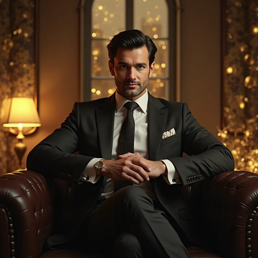 Create a 2/3 view of a handsome and rich businessman sitting confidently on a luxurious chair like a boss. He has neatly styled black hair and is dressed in an elegant, well-tailored suit. His posture is relaxed yet authoritative, exuding power and success...