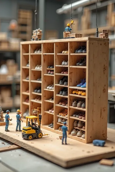 
"A miniature factory operating inside a giant MDF shoe cabinet. Tiny workers are assembling wooden panels, installing hinges, and painting the doors. Small forklifts carry MDF boards, while tiny cranes lift shelves into place. The scene is busy, industria...