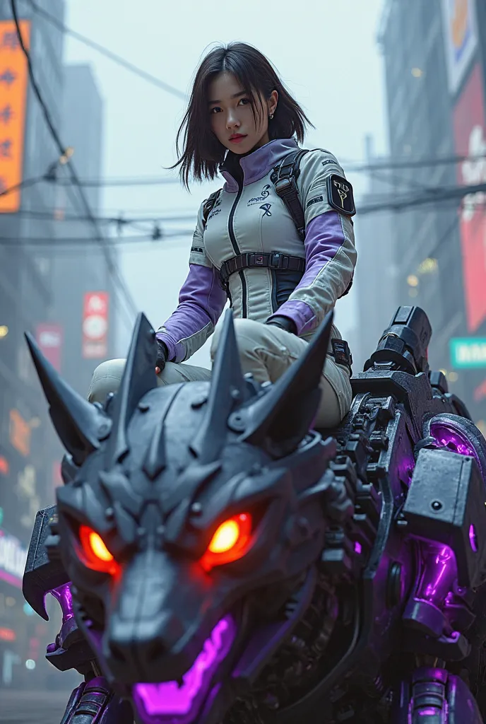 "A highly detailed cyberpunk scene featuring a young Asian female pilot with shoulder-length dark brown hair and soft, determined eyes. She wears a sleek white and gray futuristic pilot suit with purple accents, various patches, and insignia on the arms an...