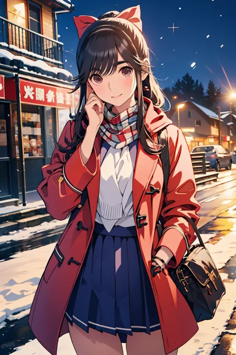 masterpiece,  best quality ,  Hi-Res,  

aamanaka, long hair, ponytail, hair bow, (( navy blue duffle coat)),(red scarf,ascot)    shiny black hair  ,  brown eyes、smile、 medium breasts , 
 Cowboy Shooting,  (Urban area),night , (snow),(snowが降っている) cowboy sh...