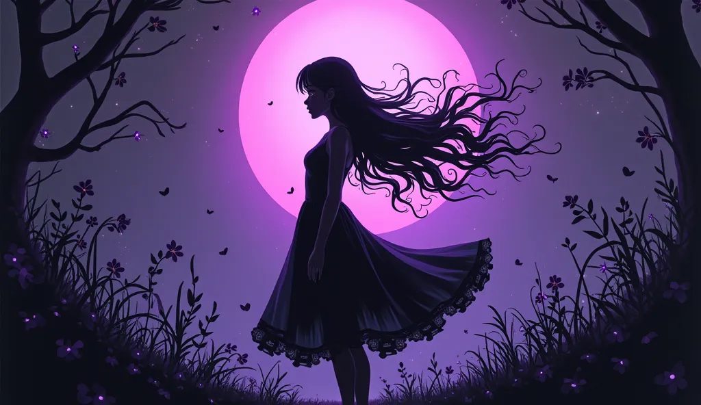 (Silhouette Art,Anime Beauty) (((paper craft,A world where only black exists:1.3)background、fantastic purple light
