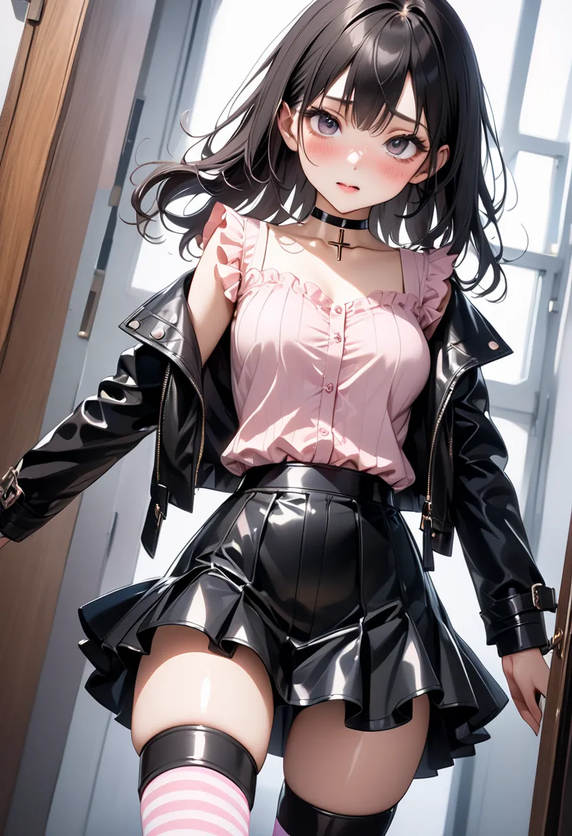 ((embarrassed)), (Cowboy Shot), Japanese, black long hair, ((Light pink ruffled blouse, break, Leather cropped jacket, black mini ruffled suspender skirt, Striped knee-high socks, Leather platform boots, break, Chokers, cross accessories)), ((Shiny Costume...