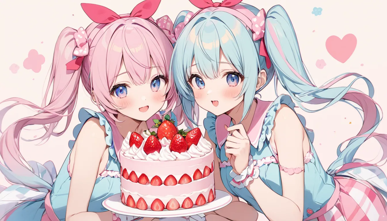 Best Quality, twin tail girl ,Cute Costumes,Eat strawberry cake,pastel colors