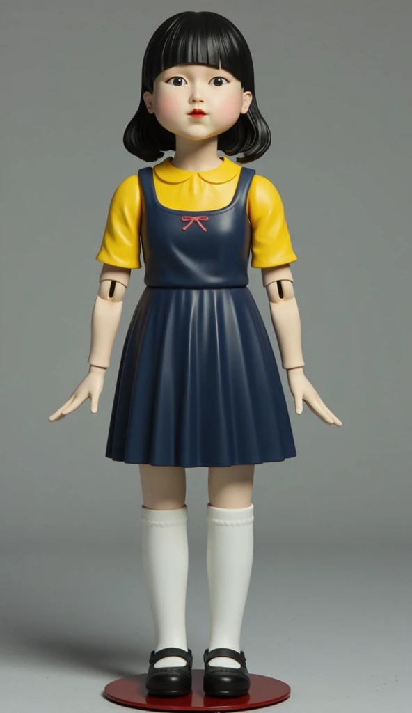 life-sized, Make a perfectly accurate replica of the squid game doll. doll was wearing a retro style, with a slightly spooky appearance. She is short, Straight black hair with a short bang hairstyle, The.. Her eyes are big, round, and glossy black, Lifeles...