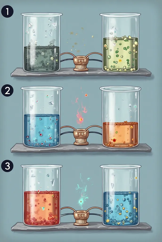 Here's a detailed breakdown for generating four images illustrating the galvanic cell process with a zinc electrode, a copper electrode, and a sodium sulfate salt bridge. Each image will highlight a different stage of the reaction while maintaining color a...