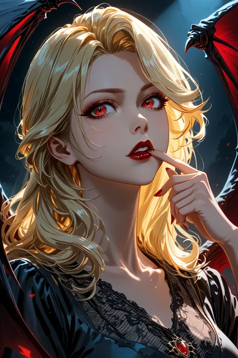 score_7_up, score_8_up, score_9, anatmically correct, detailed eyes, big breast, blonde hair, red eyes, Lift your chin, moon light, super moon, devil wing, black dress, dark red lipstick, 