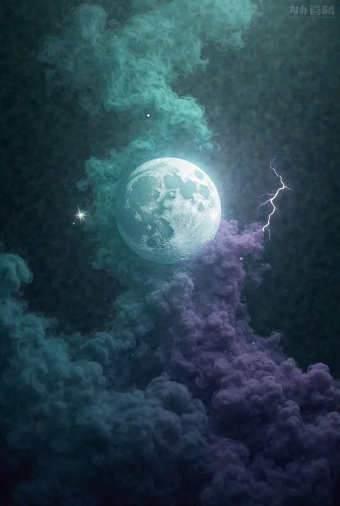 A dark image with green and purple smoke, with a symbol of the moon and another of a lightning