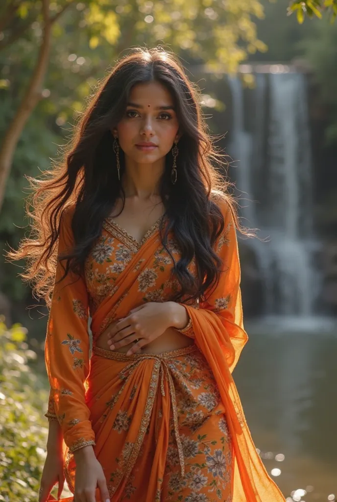 Create video of beautiful bold and sexy Nepali girl walking on the park in the back ground flowers are growing and waterfall with shining facing camera from front and maki eye contact with audience her long hair flowing with air her face glowing 