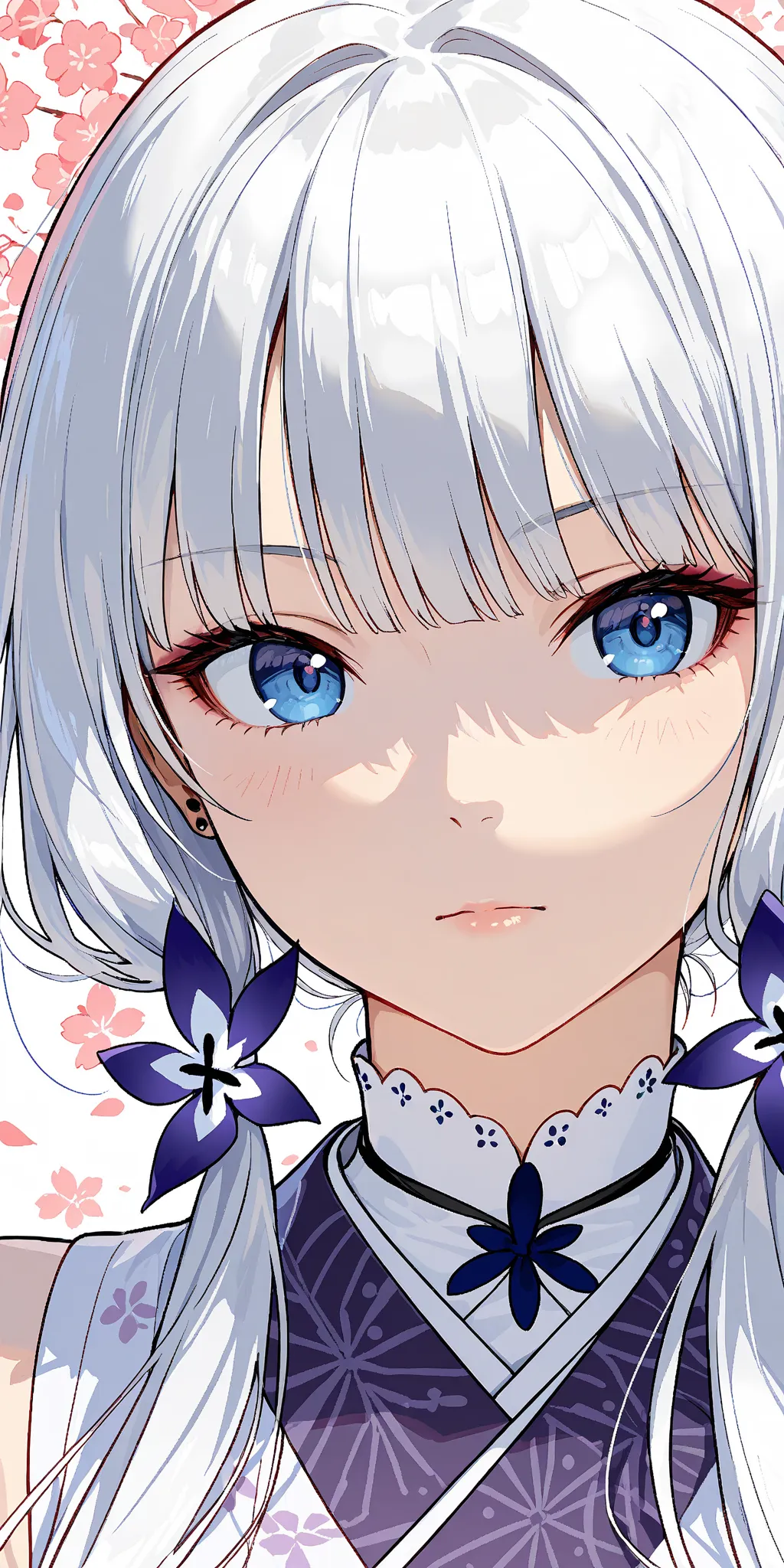 beautiful anime girl, silver hair, blue eyes, sharp eyes, serious expression, looking at viewer, masterpiece, high quality, ultra-detailed, 4K, anime style, trending on pixiv, Kyoto Animation style,