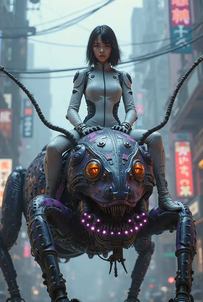 "A highly detailed cyberpunk scene featuring a young Asian female pilot with shoulder-length dark brown hair and soft, determined eyes. She wears a sleek white and gray futuristic pilot suit with purple accents, various patches, and insignia on the arms an...