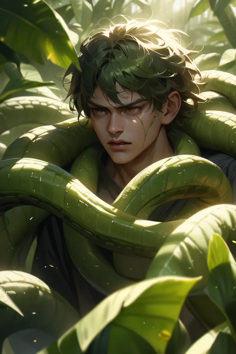 A young guy holding a knife fighting with snakes around him in the banana plantation