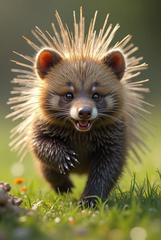 "A realistic hybrid animal combining a porcupine and a bear cub, with sharp porcupine quills on its back, a cute bear-like face, running on green grass in a natural outdoor setting, soft sunlight, highly detailed, photorealistic, vibrant colors."

