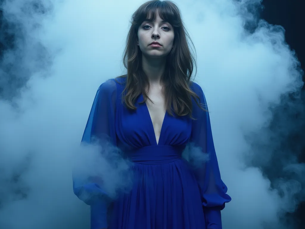 Kasia Sienkiewicz in an indigo dress stands in the center of the frame, surrounded by thick white smoke. Her face is in close-up, her gaze is directed directly at the camera. The lighting is contrasting, emphasizing her expressive features and mystical atm...