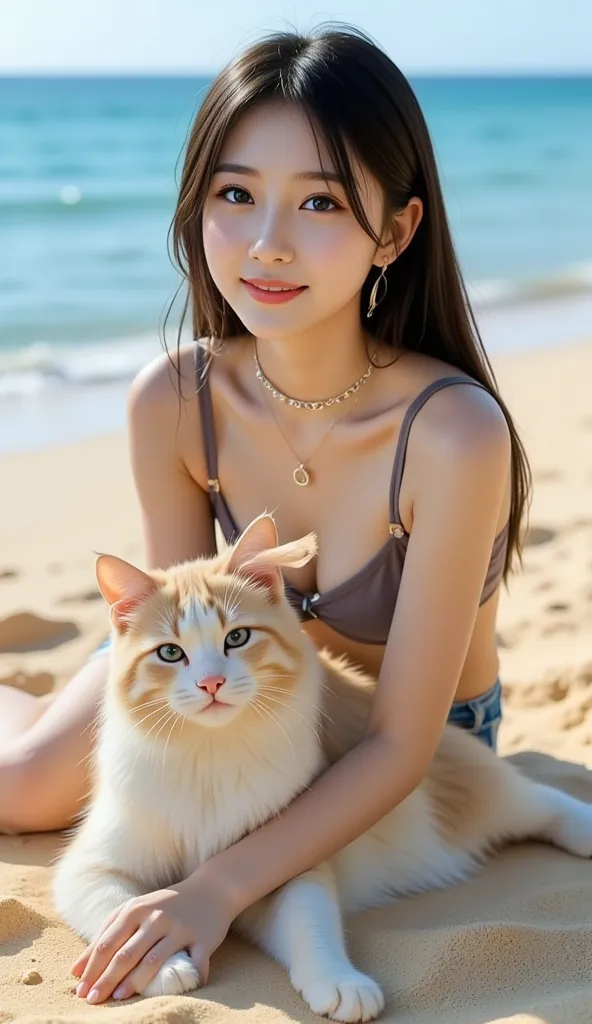 real image like the picture、８ｋ、How long do you stretch at the seaside、background、 Okinawa、cat lying on an Okinawan beach、A woman with an innocent expression that leaves the vibe of a girl、 Hair、straight hair、 blue eyeshadow、Cheek、lipstick、mascara、eyebrow、U...